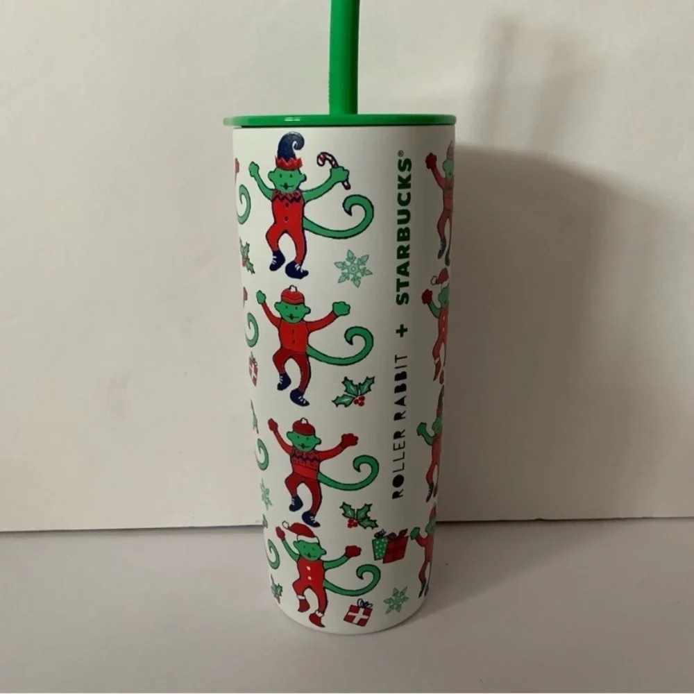 NWT. STARBUCKS X ROLLER RABBIT Monkey Holiday Tumbler with Green Straw